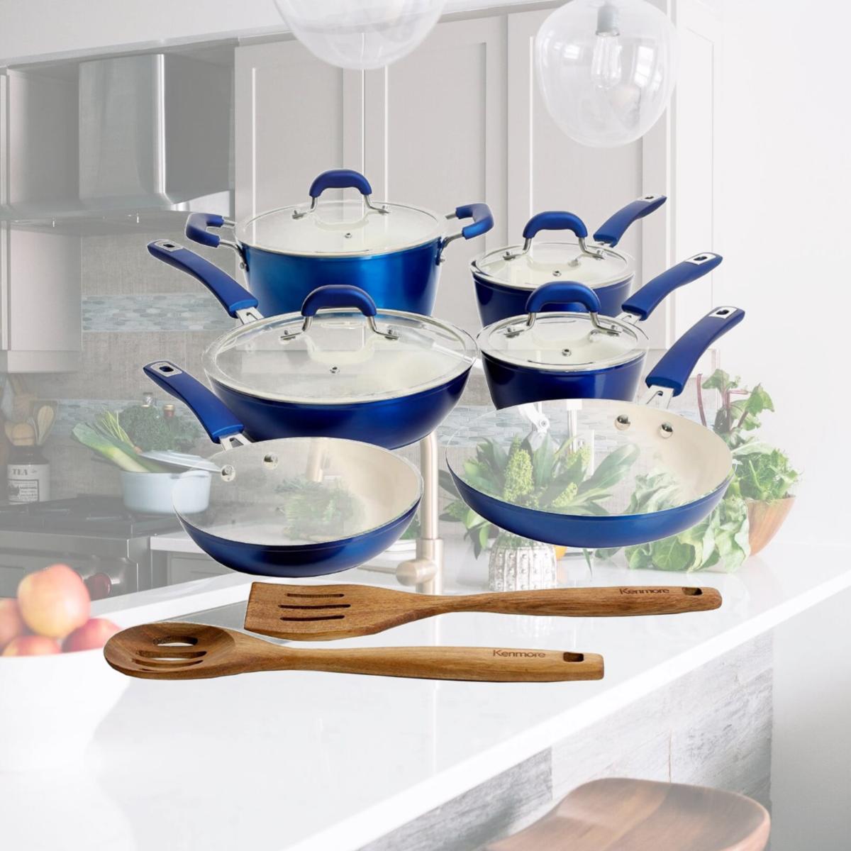 Picture of Gibson 124985.12 Kenmore Arlington Ceramic Coated Nonstick Aluminum Cookware Set, Metallic Blue - 12 Piece