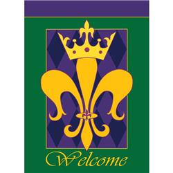 01225 Welcome Fleur-de-lis Golden Crown Garden Flag, Green & Purple - Small