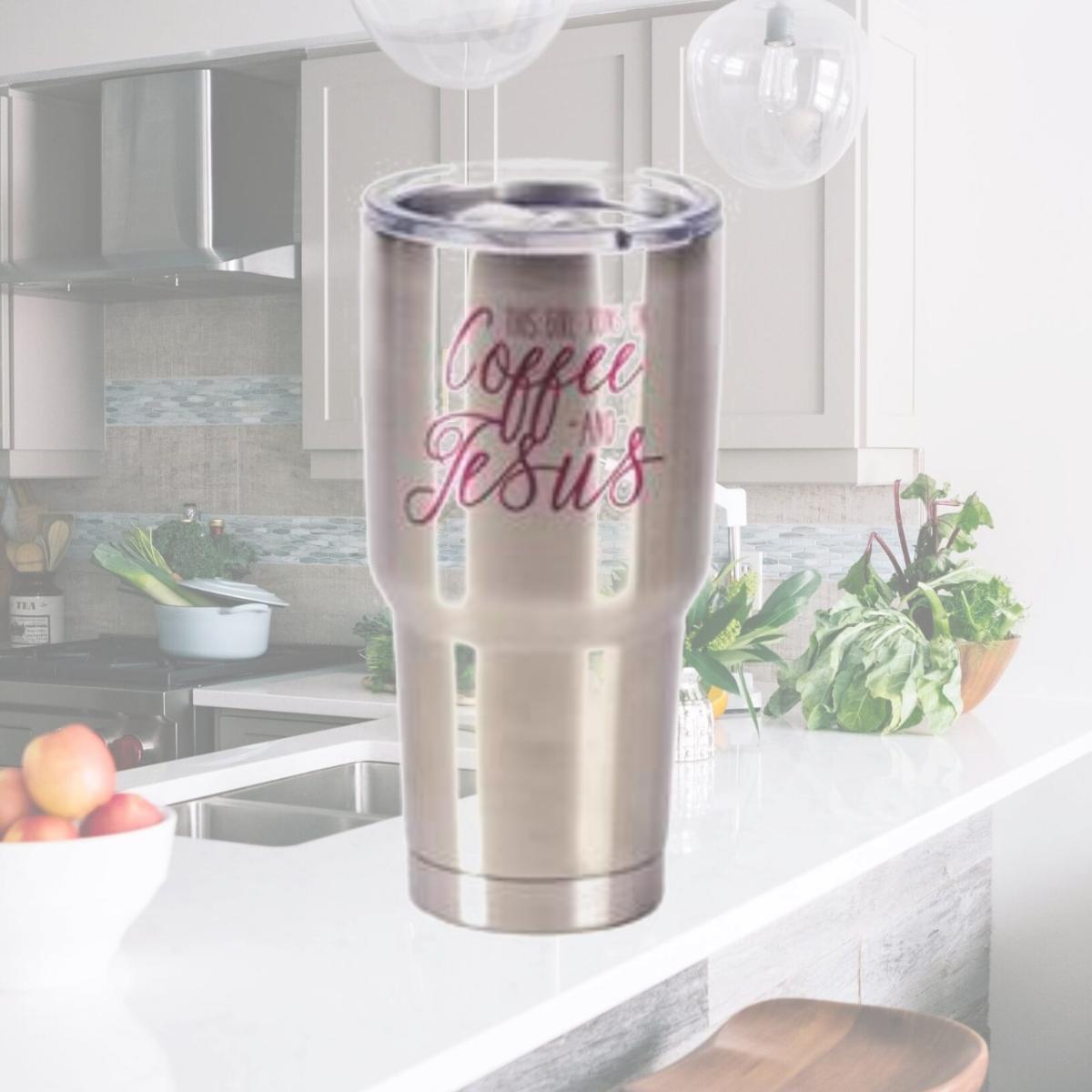 Picture of Dicksons SSTUM-11 8 x 4 in. 30 oz Stainless Steel Tumbler with Lid - This Girl Runs on Coffee & Jesus