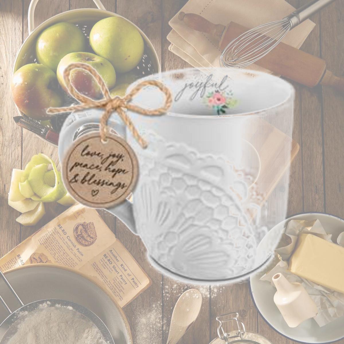 Picture of Dicksons 18458 Mug Lace Textured Joyful White 16 oz