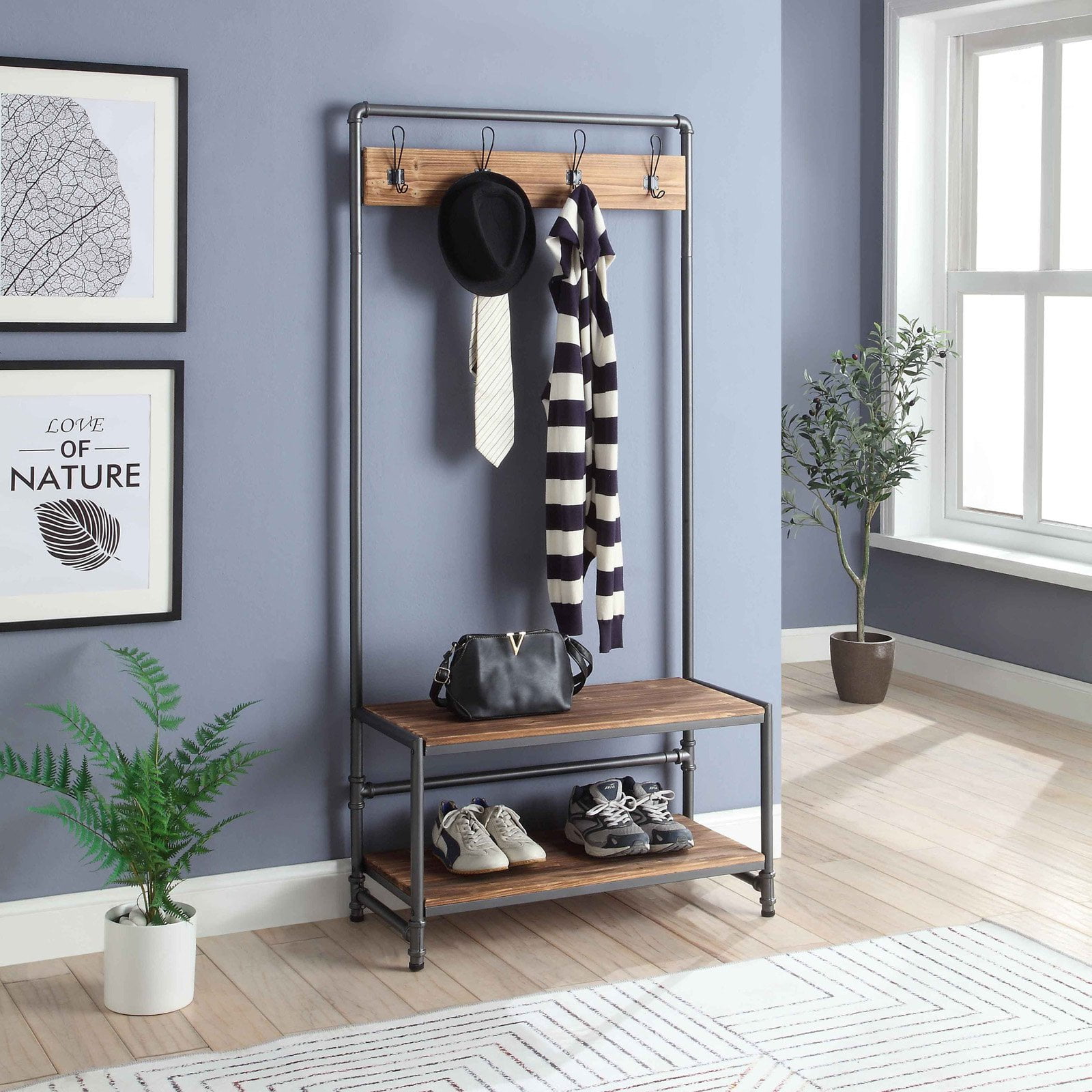 621123 Anacortes Hall Tree - Black Pipe With Brown Shelves
