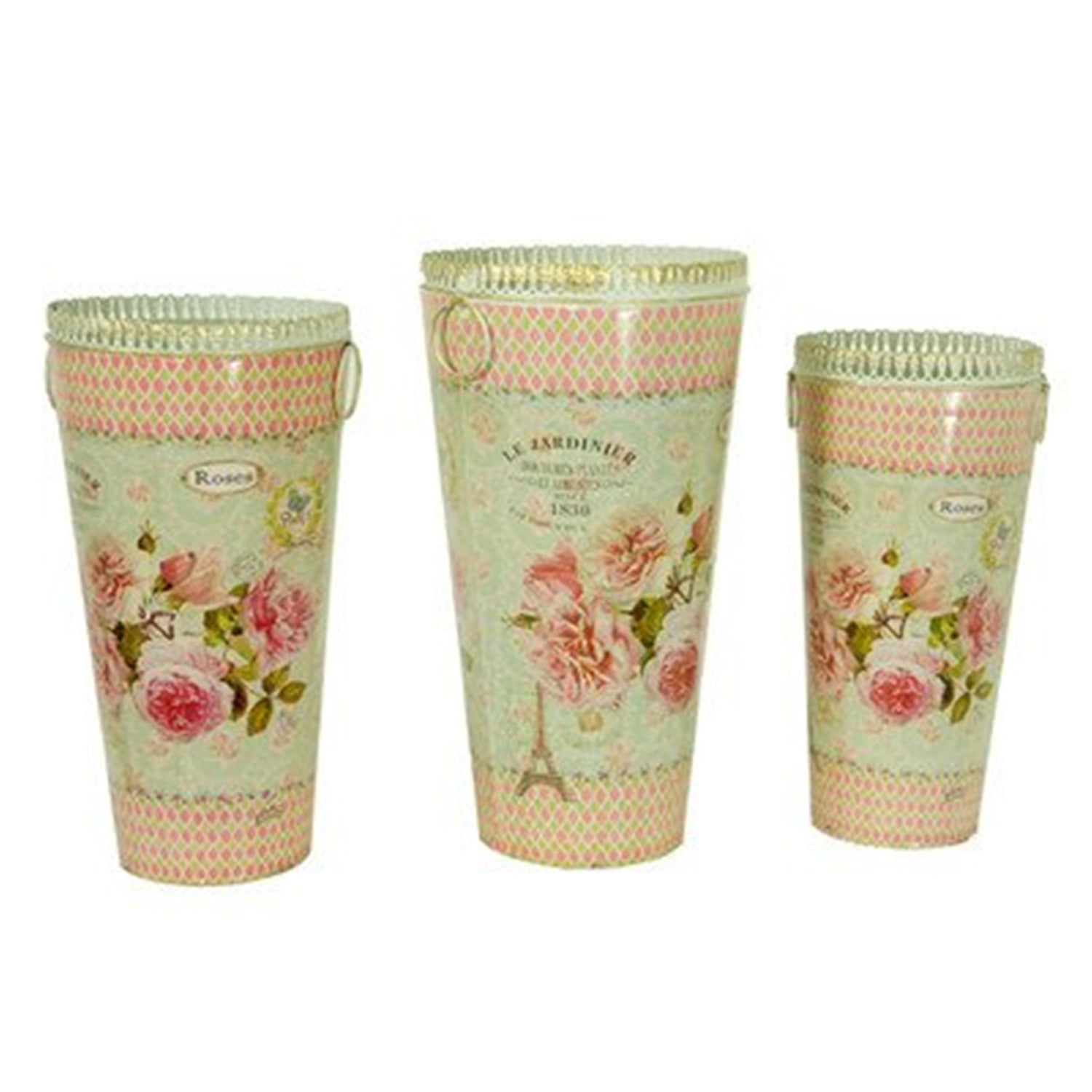 Dmmv853-s3 French Country Planters Tall Cylinder Vintage Metal Decorative Vases & Umbrella Holder - Set Of 3