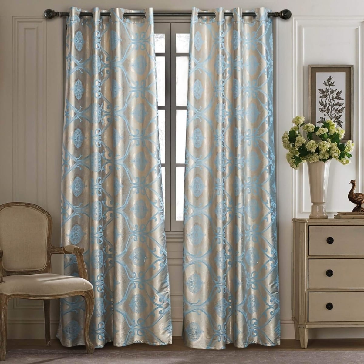 DMC804 60 x 100 in. Tall Damask Jacquard Grommet Semi-Blackout Curtains - Blue on Gold
