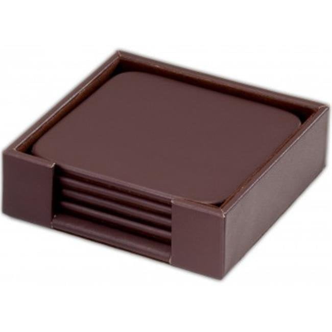 A3411 Chocolate Brown Leatherette 4 Square Coaster Set With Holder