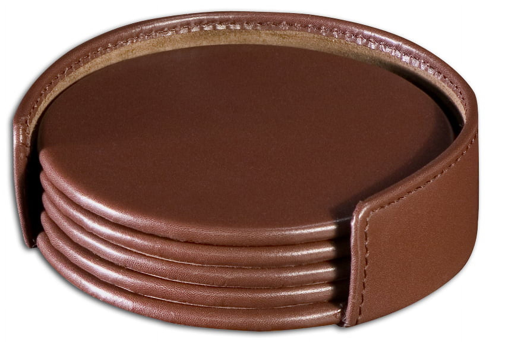 A3418 Chocolate Brown Leatherette 4 Coaster Set With Holder