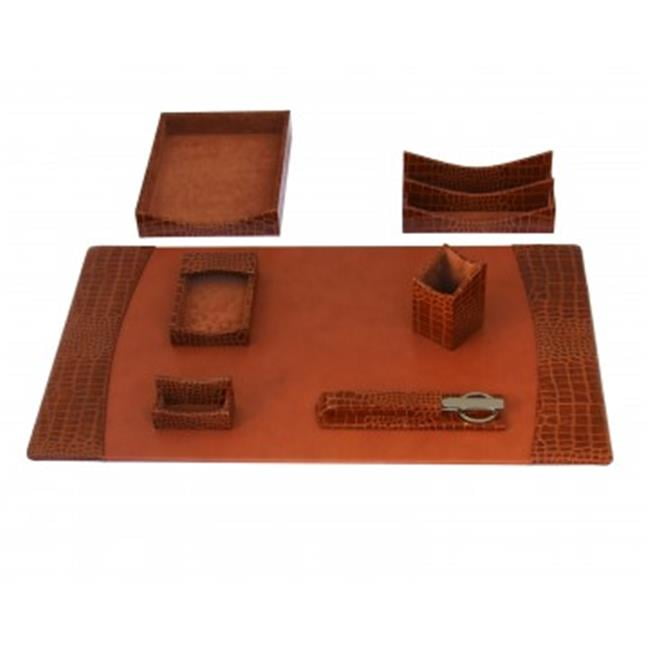 D6104 Protacini Cognac Brown Italian Patent Leather 7 Piece Desk Set