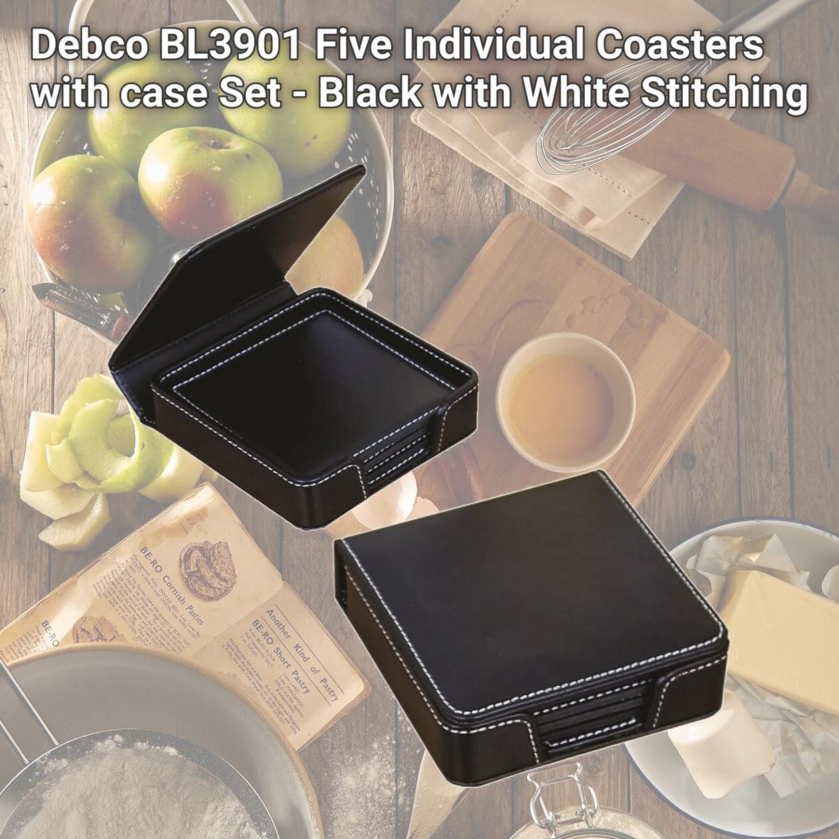 Picture of Debco BL3901 Five Individual Coasters with case Set - Black with White Stitching 