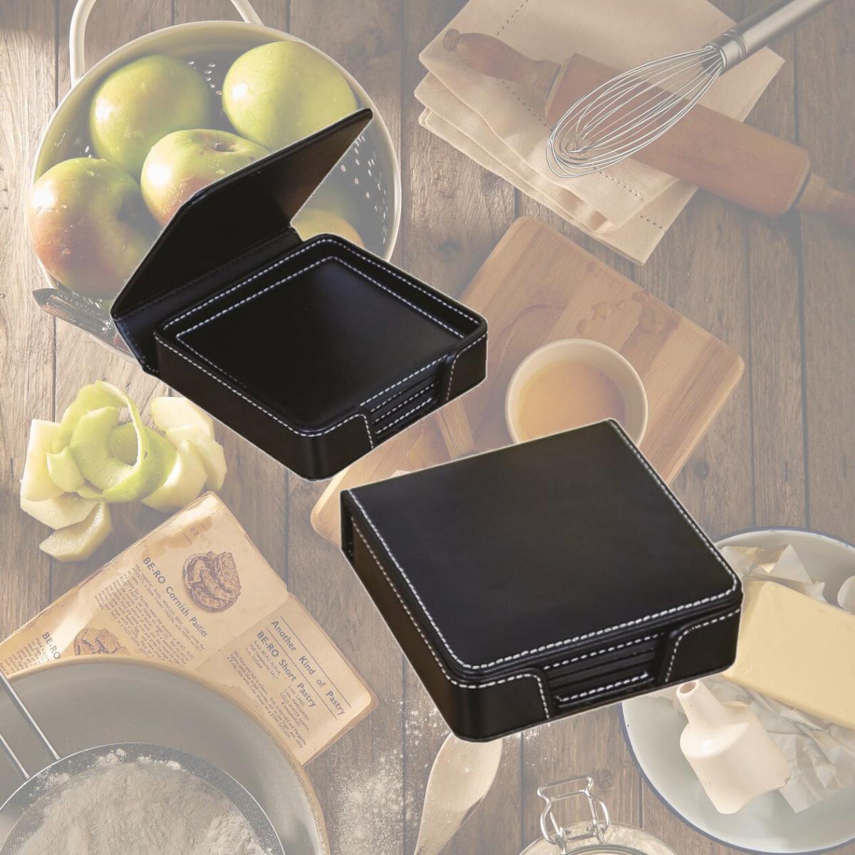 Picture of Debco BL3901 Five Individual Coasters with case Set - Black with White Stitching 