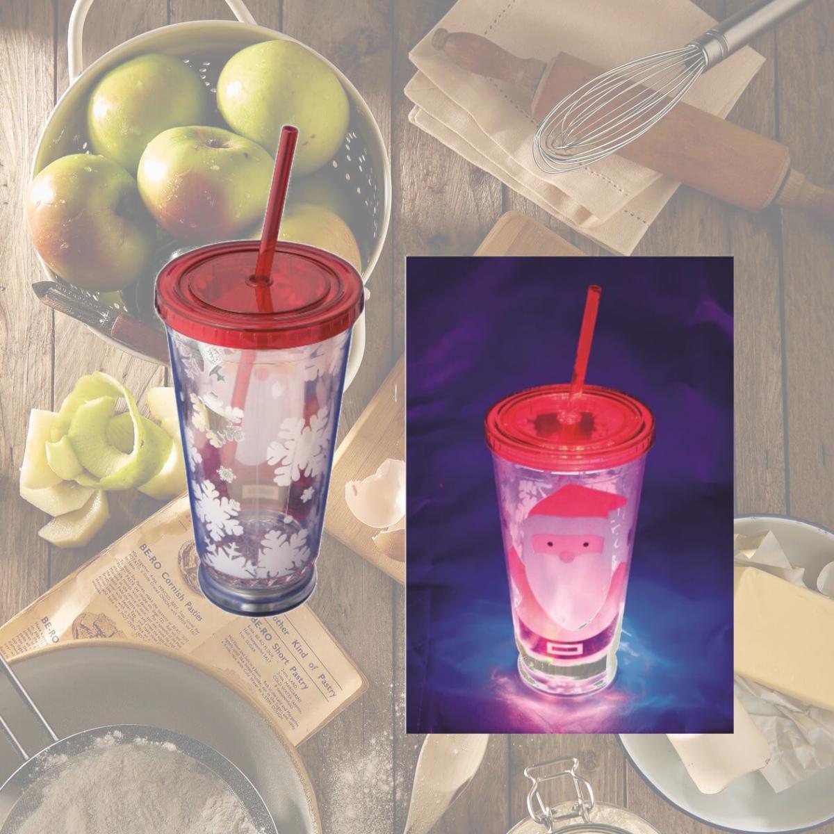 Picture of Debco DA1321 Ho Ho Quencher 530 ml 18 oz Led Santa Tumbler - Clear Mug with Red Lid / Straw 