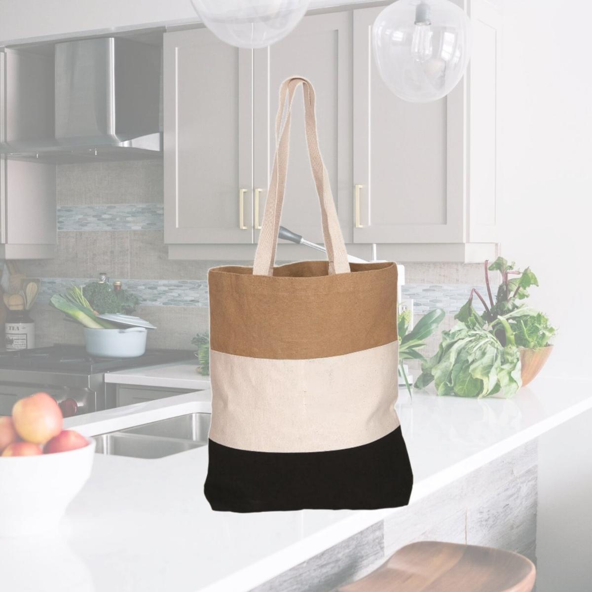 Picture of Debco E8217 Tri Color Cotton Tote Bag - Camel Brown / Natural / Black 