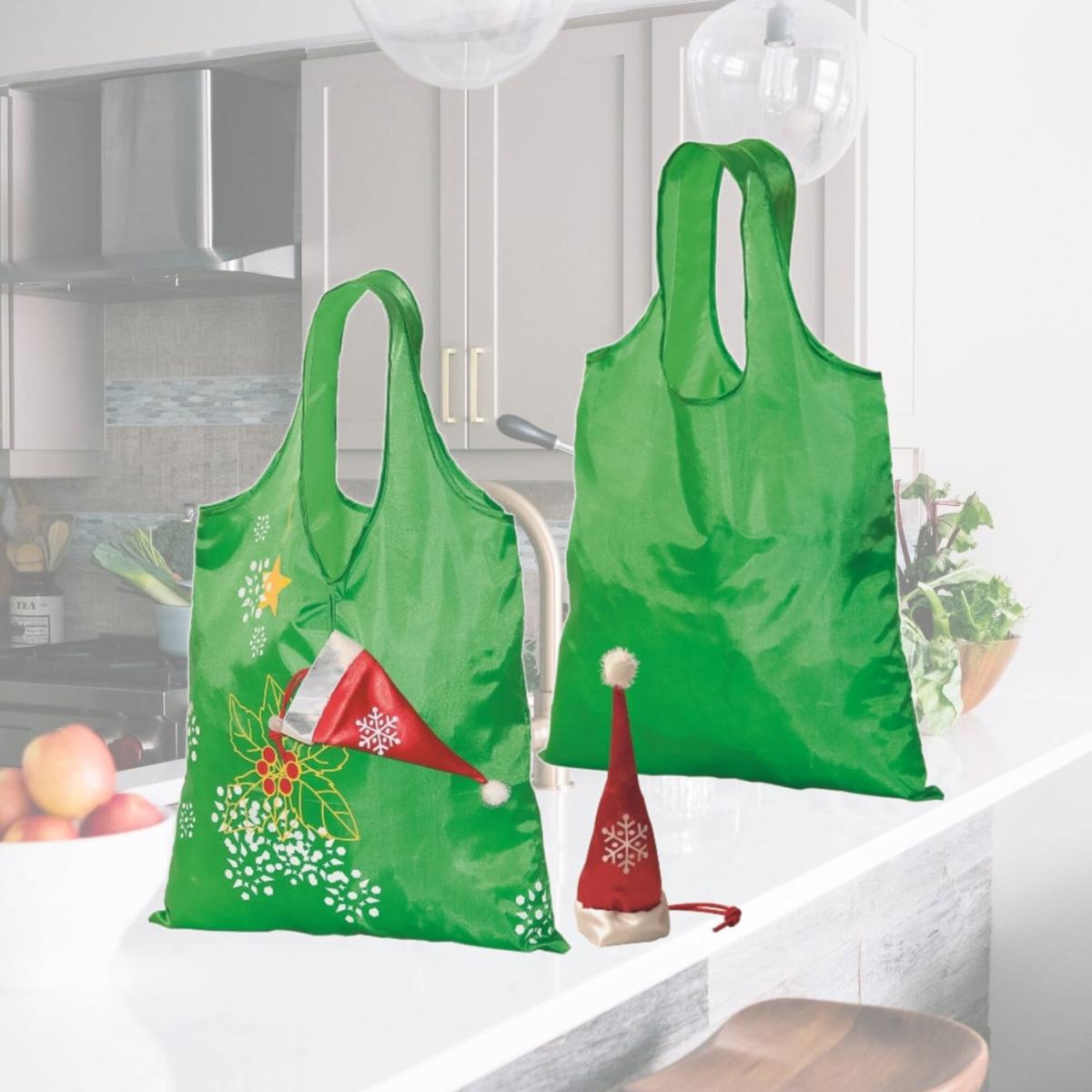 Picture of Debco F7347 Holiday Folding Tote Bag - Green Tote with Red Hat 