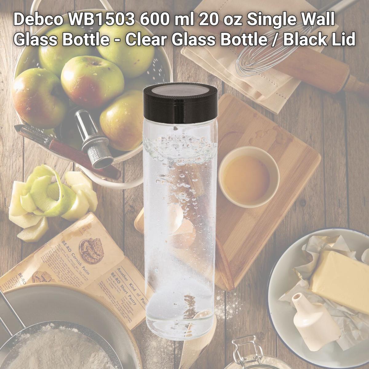 Picture of Debco WB1503 600 ml 20 oz Single Wall Glass Bottle - Clear Glass Bottle / Black Lid