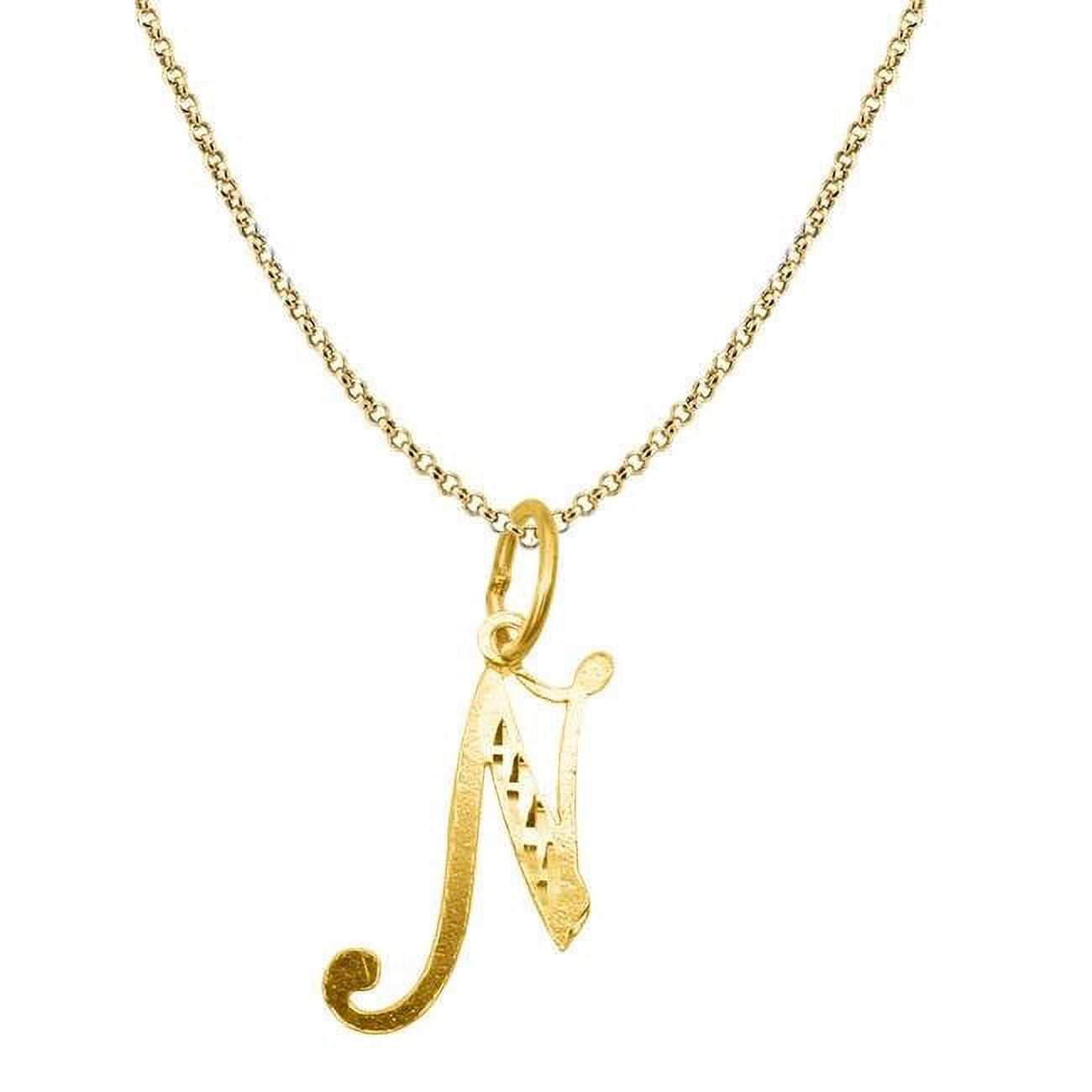 Pt2055n-ch227-20 20 In. 14k Yellow Gold Diamond-cut Cursive Letter Initial N Pendant With 1.2 Mm Rolo Chain