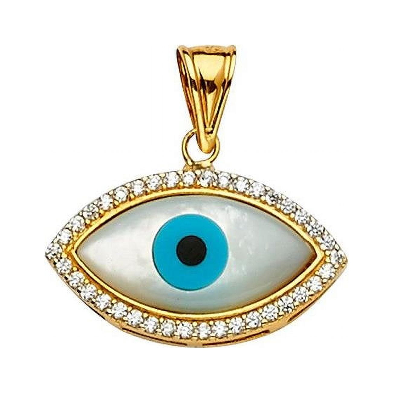 Pt-2231 14k Yellow Gold Mother Of Pearl & Cubic Zirconia Evil Eye Pendant