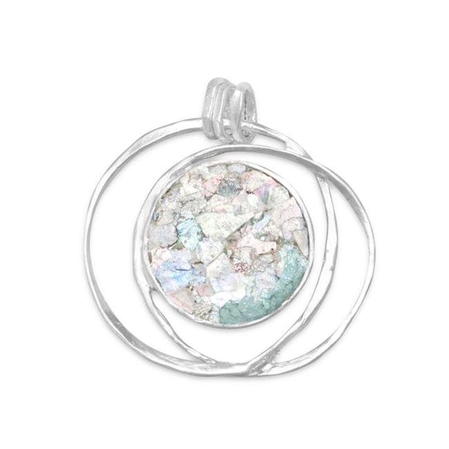 73446 Sterling Silver Round Ancient Roman Glass Open Wire Pendant