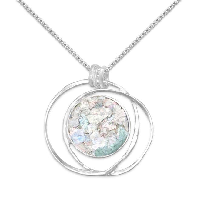 73446-16 16 In. Sterling Silver Round Ancient Roman Glass Open Wire Pendant With 1.5 Mm Box Chain