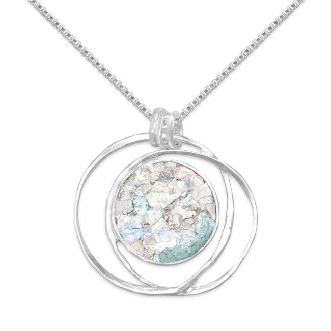 73446-18 18 In. Sterling Silver Round Ancient Roman Glass Open Wire Pendant With 1.5 Mm Box Chain