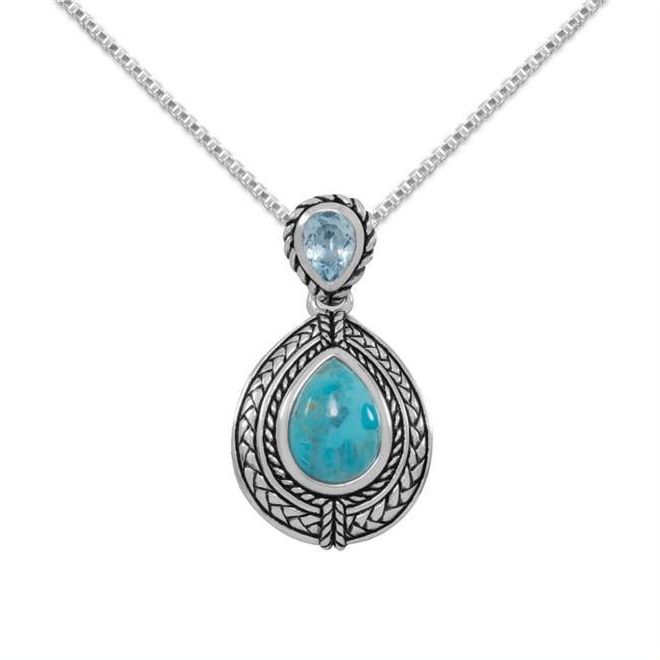 74064-16 16 In. Oxidized Sterling Silver Turquoise & Blue Topaz Drop Pendant With 1.5 Mm Box Chain