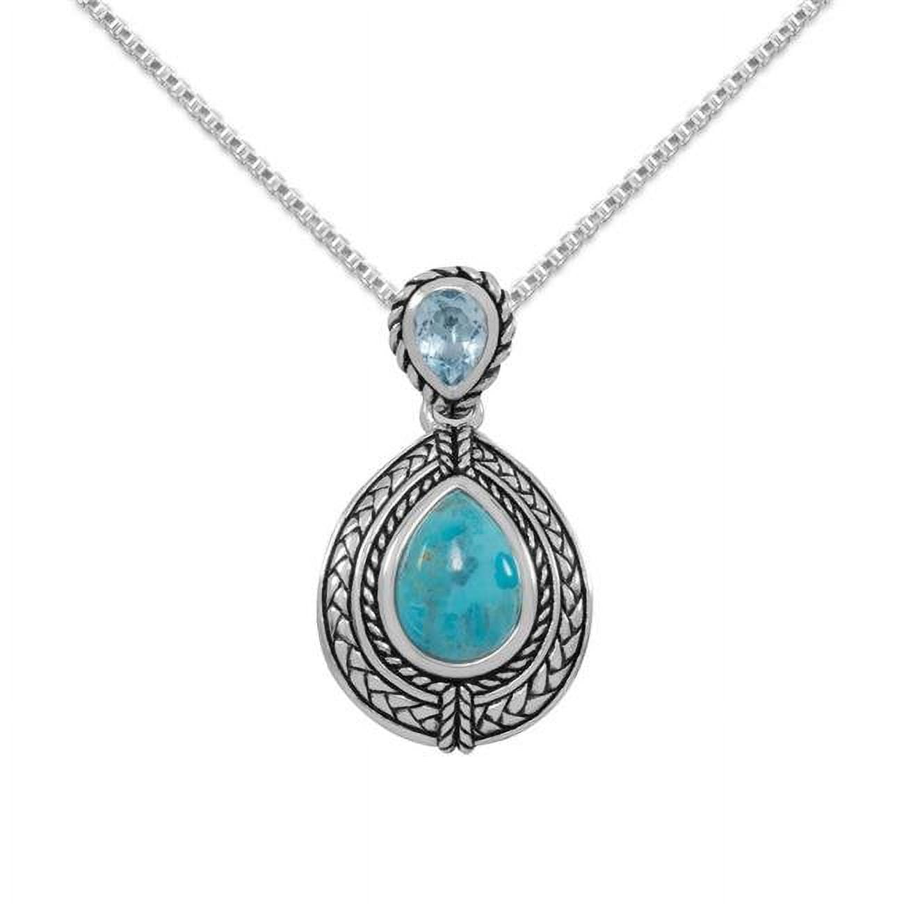 74064-20 20 In. Oxidized Sterling Silver Turquoise & Blue Topaz Drop Pendant With 1.5 Mm Box Chain