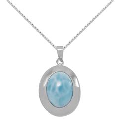 74280-16 16 In. Sterling Silver Oval-shape Blue Larimar Pendant With 1.5 Mm Box Chain
