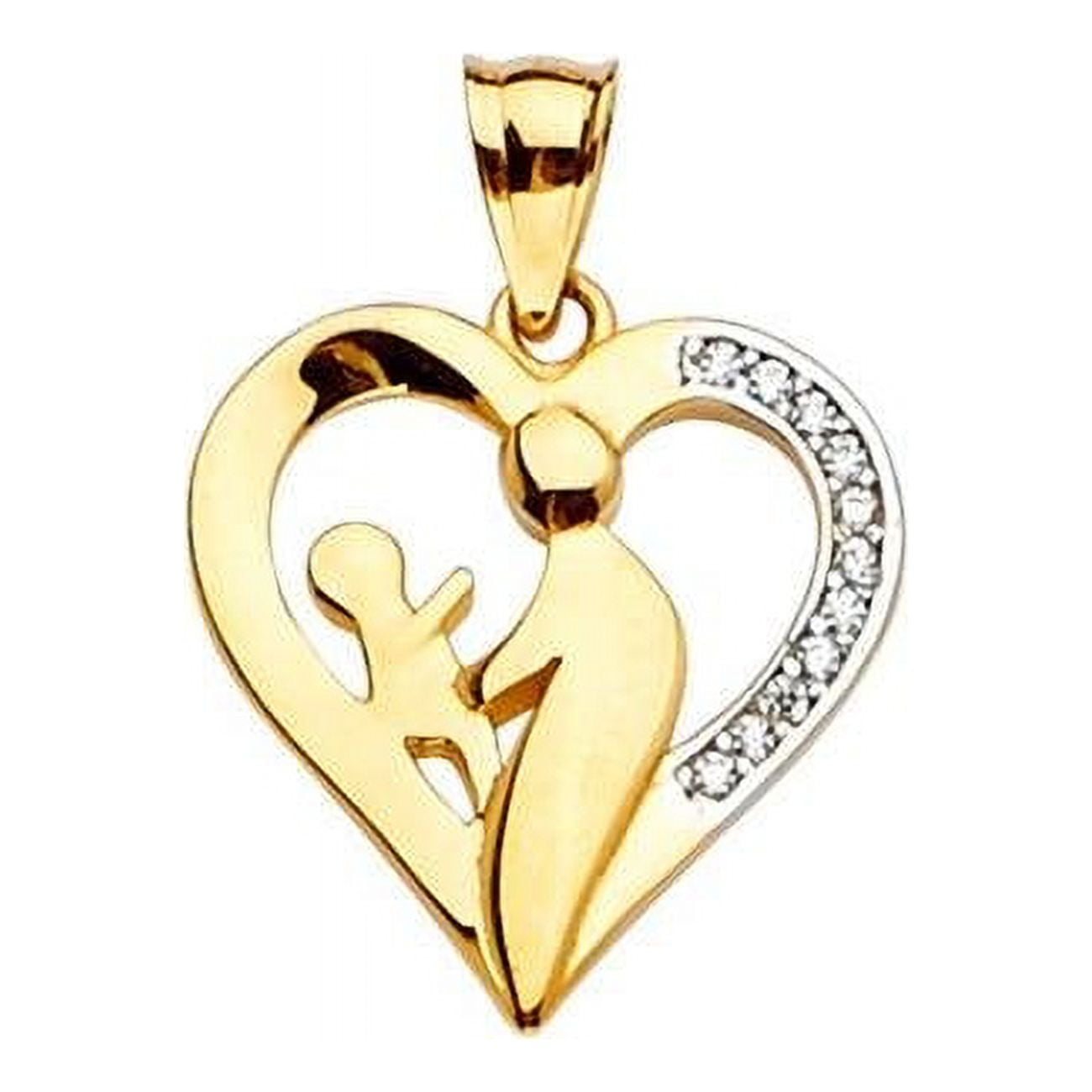 Pt-2385 14k Yellow Gold Cubic Zirconia Heart Shaped Mother & Child Pendant