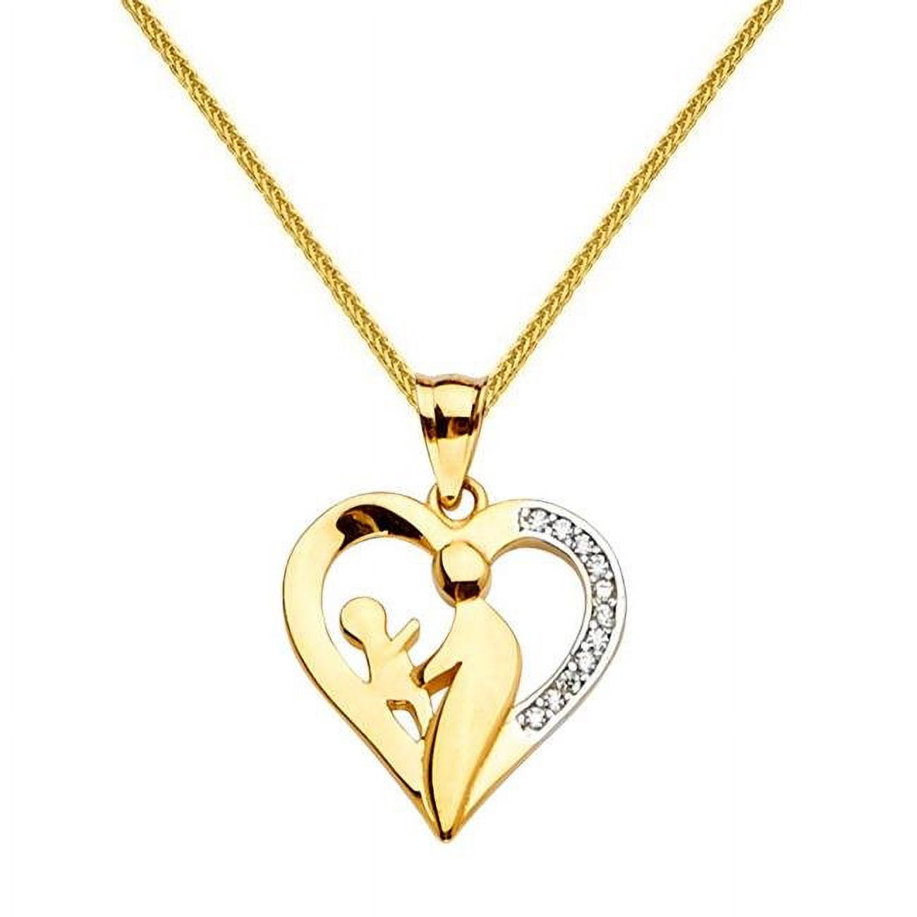 Pt2385-ch193-16 16 In. 14k Yellow Gold Cubic Zirconia Heart Shaped Mother & Child Pendant With Square Wheat Chain