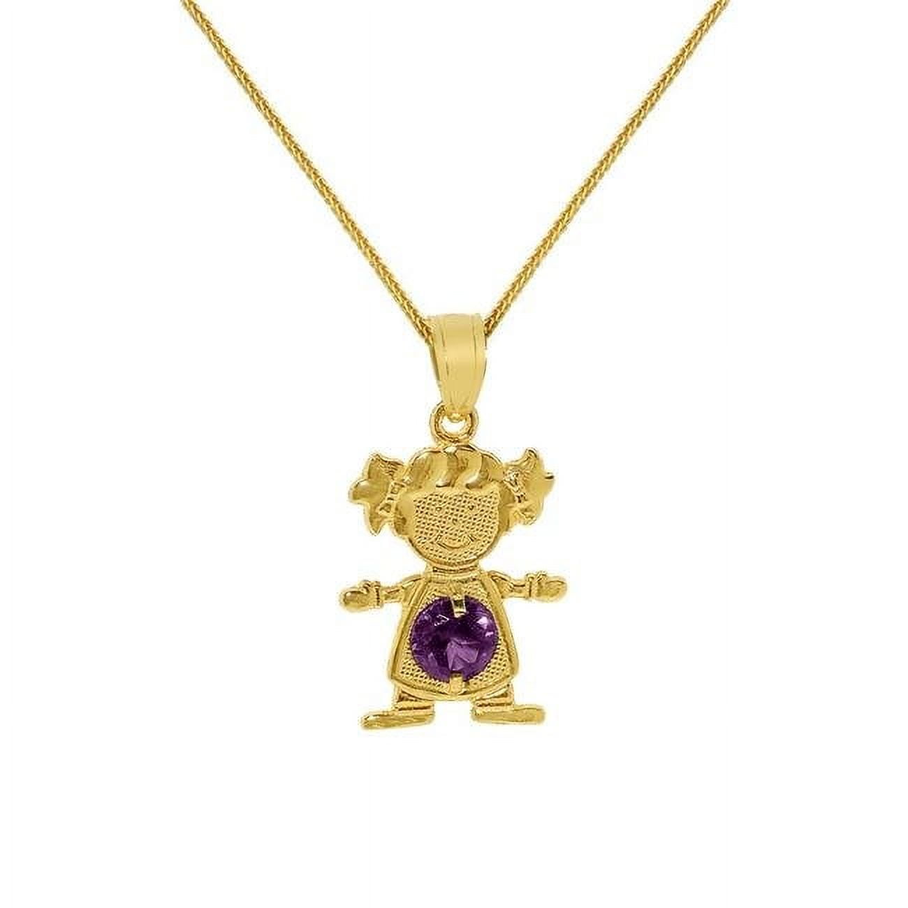 Pt660-2-ch193-16 16 In. 14k Yellow Gold Round-cut Cubic Zirconia February Birthstone Girl & Daughter Pendant With Square Wheat Chain