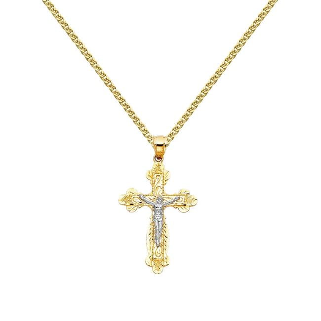 Jewelry 14k Two-tone Gold Decorative Crucifix Cross Pendant With 1.5-mm Flat Wheat Chain