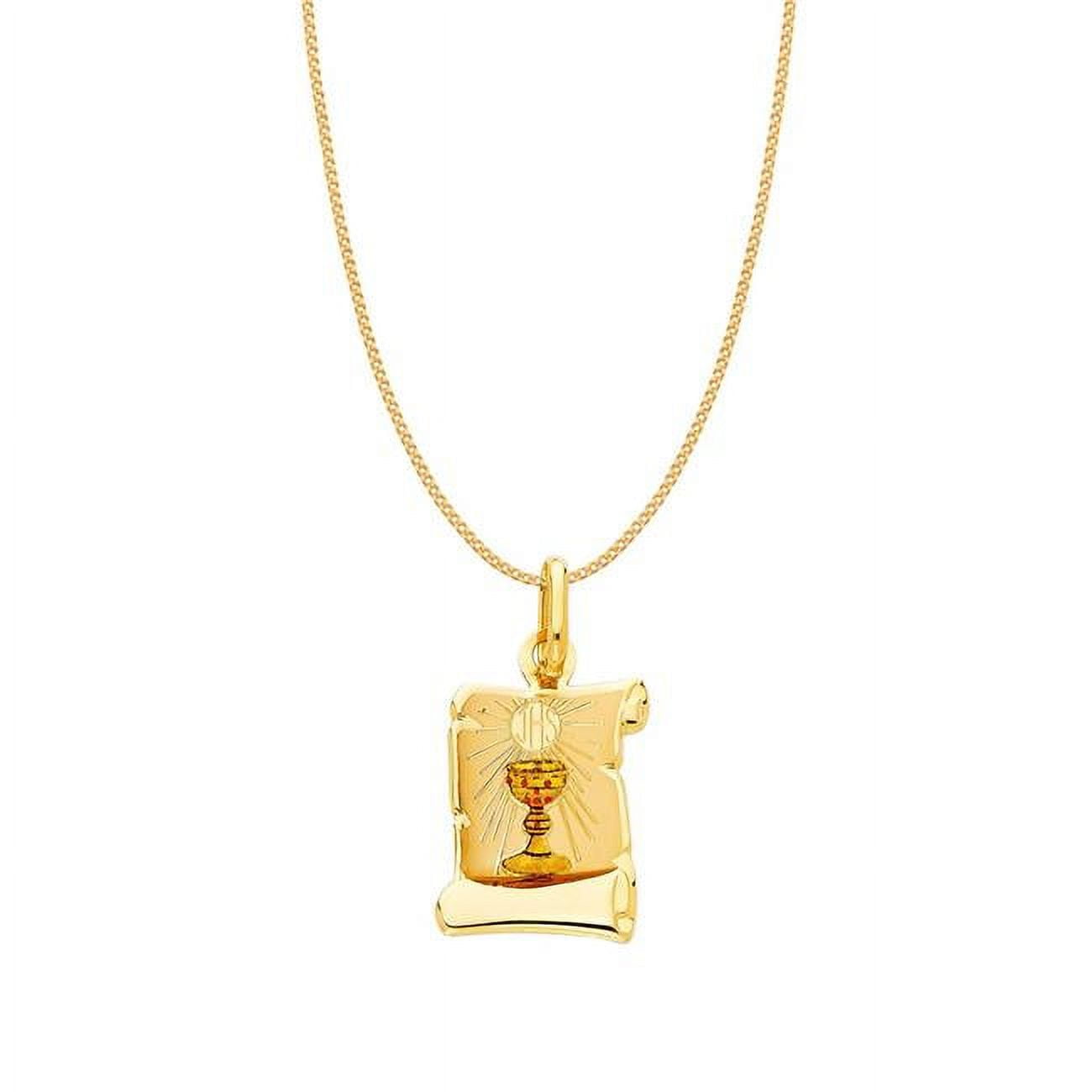 Pt207-ch193-20 0.8 Mm 14k Yellow Gold First Communion Scroll Pendant With Square Wheat Chain