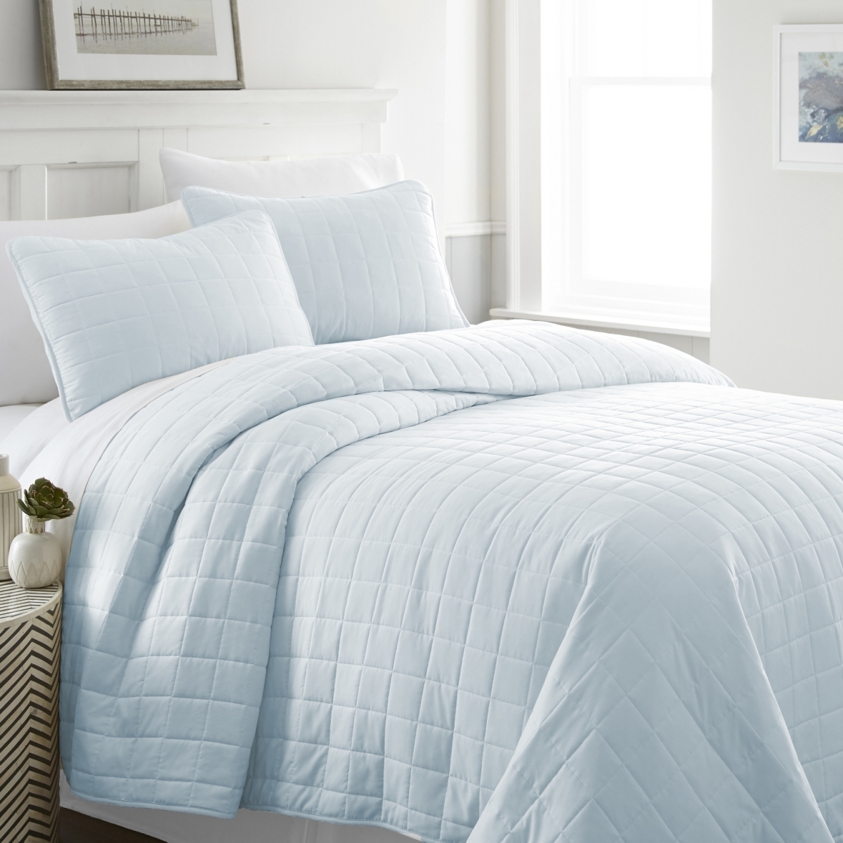 2275355 Soft Essentials? Premium Ultra Soft Square Pattern Quilted Coverlet Set - King - Pale Blue Case Of 9