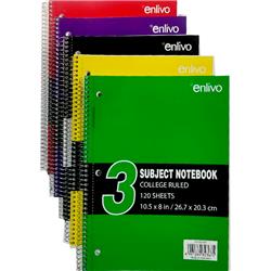 2321283 10.5 X 8 In. Premium 3 Subject Notebook - 120 Sheet, Assorted Color - Case Of 24 - 24 Per Pack