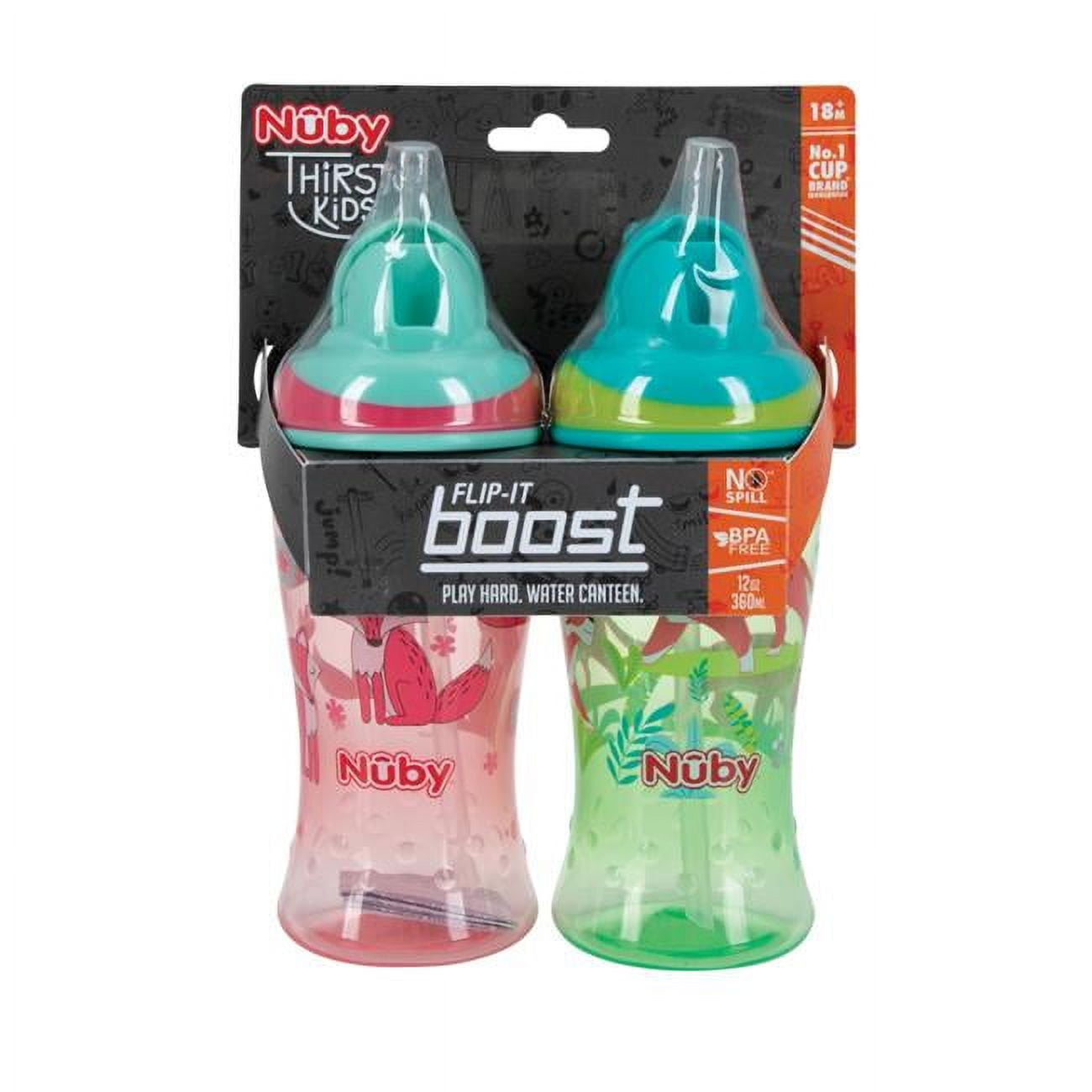 2367753 12 oz Nuby No-Spill Boost Cups with Flip-it Straw for 18 Plus Months - 2 per Pack - Case of 24