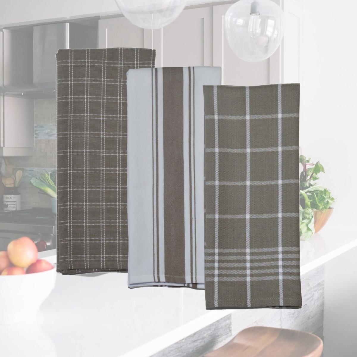 Picture of Dunroven House OR724-10 Variety Kitchen Towels, Taupe & White - Set of 3