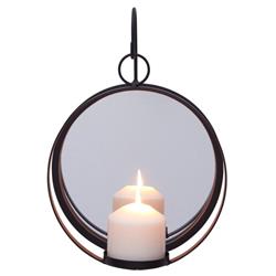 Se1994 Round Wrought Iron Pillar Candle Sconce With Mirror Rustic Metal Hanging Wall Candleholder - Black & Gray