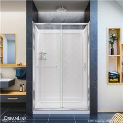 34 X 60 In. Infinity-z Frameless Sliding Shower Door, Single Threshold Shower Base Center Drain & Qwall-5 Shower Backwall Kit - Brushed Nickel