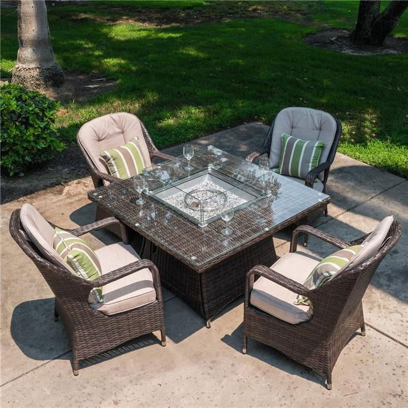 Pag-1104 5 Piece Outdoor Pe Rattan Wicker Patio Gas Fire Pit Square Table Set With Arm Chairs, Brown