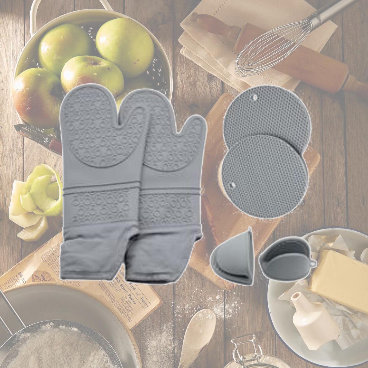 Picture of Direct Wicker Gloves 6 Pack Silicone Oven Gloves with Mini Oven Gloves and Hot Pads, Gray Extra Long Oven Mitts