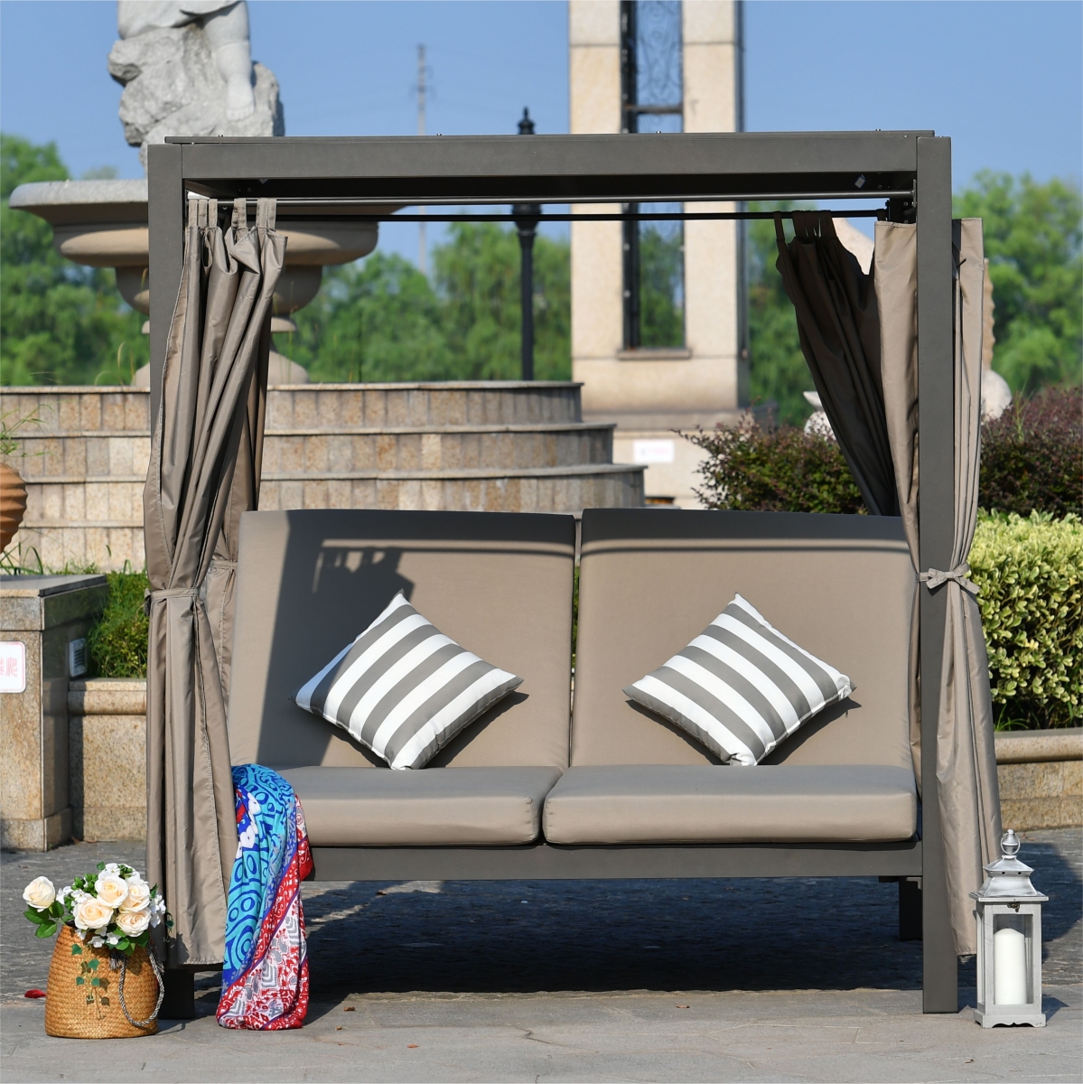 PAL-1129B-G Steal Outdorr Chaise Lounge Sunbed with Grey Cushions