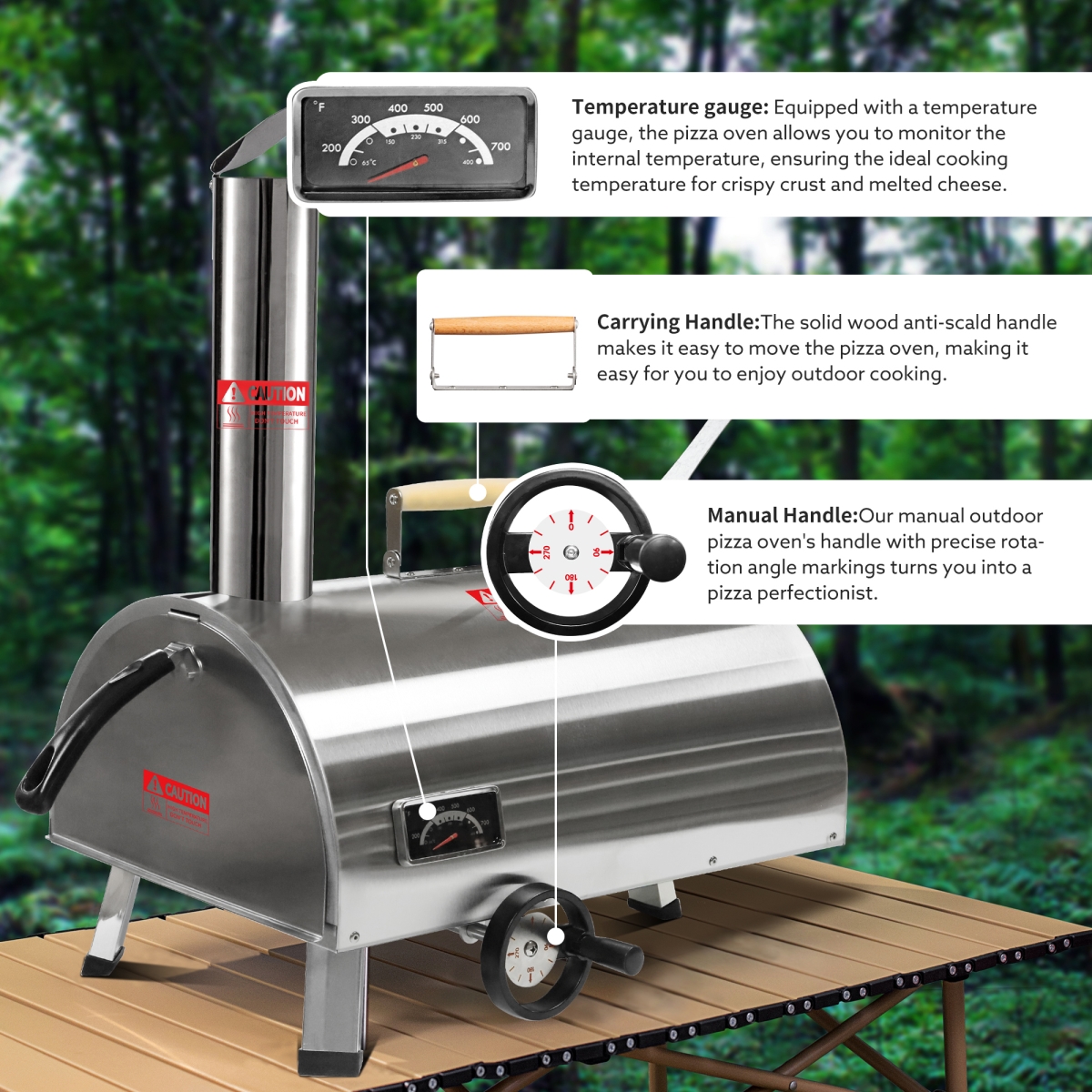 Picture of Direct Wicker UBS-W2196134341 Outdoor Pizza Oven, 12' Semi-Automatic Rotatable Pizza Ovens, Portable Stainless Steel Wood Fired Pizza Oven Pizza