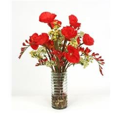 Distinctive Designs 15593a Waterlook Red Poppies & Greenery In Green Ribbed Cylinder Vase