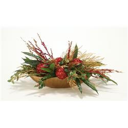 Distinctive Designs Xa-223 Holiday Red & Gold Centerpiece In A Low Oval Scalloped Gold Vase