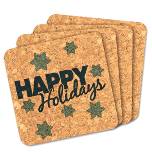 8407241 4 X 4 In. Happy Holidays Square Cork Coasters - Set Of 4