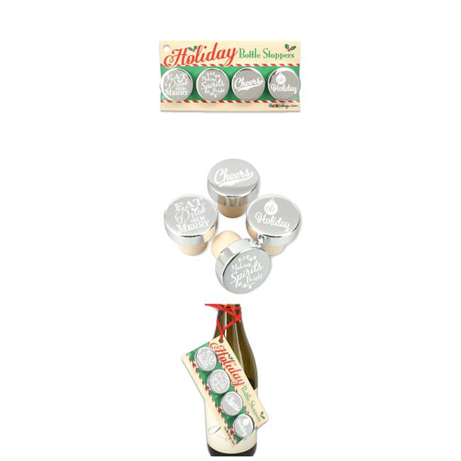7707252 1.25 X 1.25 In. Dia. Nice Holiday Sayings Silver Aluminum Top Bottle Stoppers - Set Of 4