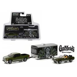 31010a 1 By 64 Scale Diecast 2015 Ford F-150 Green & 1968 Shelby Gt500kr Convertible Green With Enclosed Car Hauler Model Cars