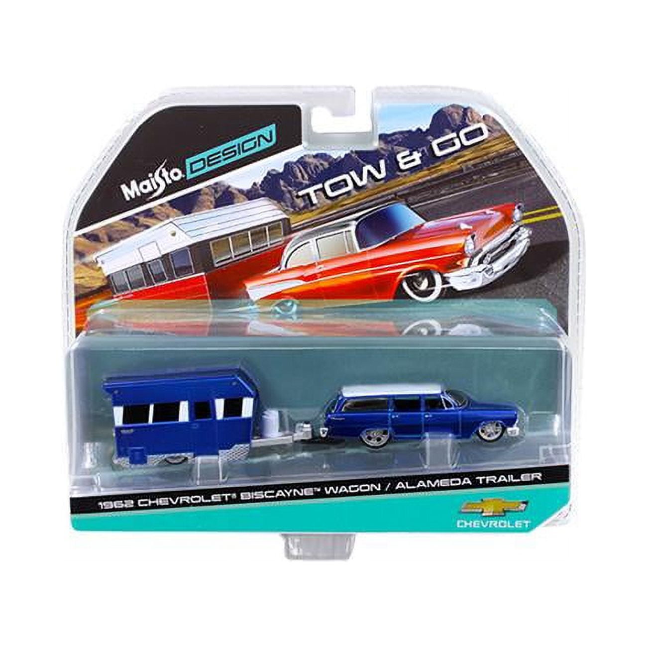 Maisto 15368a 1 By 64 Diecast 1962 Chevrolet Biscayne Wagon With Alameda Trailer Blue Tow & Go Model