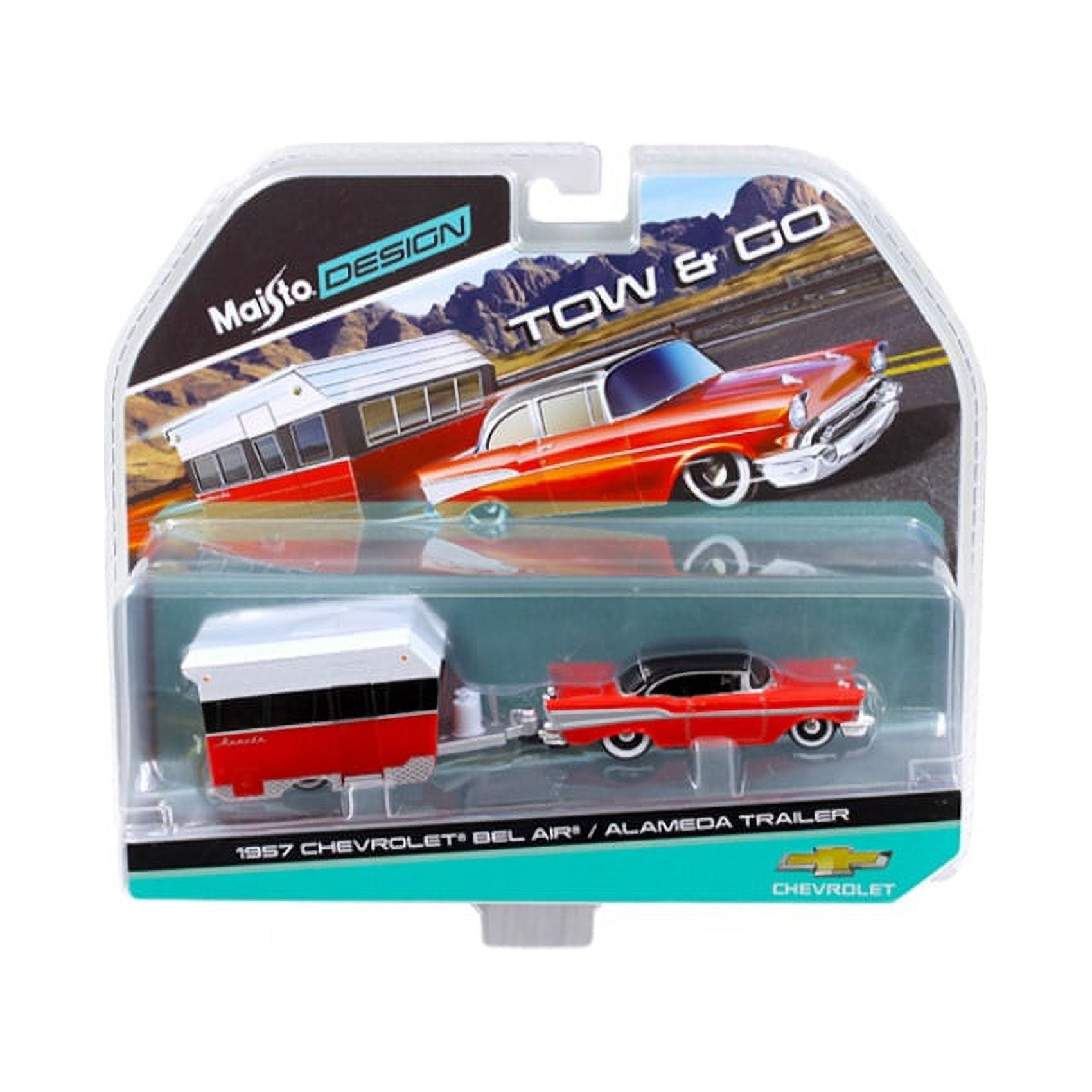 Maisto 15368b 1 By 64 Diecast 1957 Chevrolet Bel Air With Alameda Trailer Red Tow & Go Model