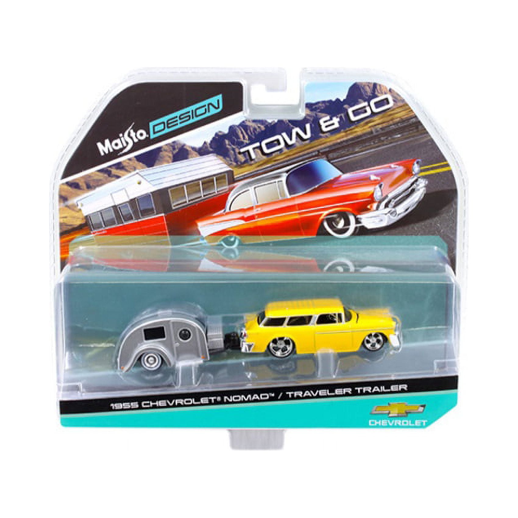 Maisto 15368e 1 By 64 Diecast 1955 Chevrolet Nomad With Traveler Trailer Yellow Tow & Go Model