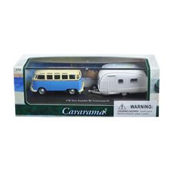 Cara12812 1 By 72 Scale Diecast Volkswagen Bus Samba Blue With Caravan Ii Trailer In Display Showcase Model Car