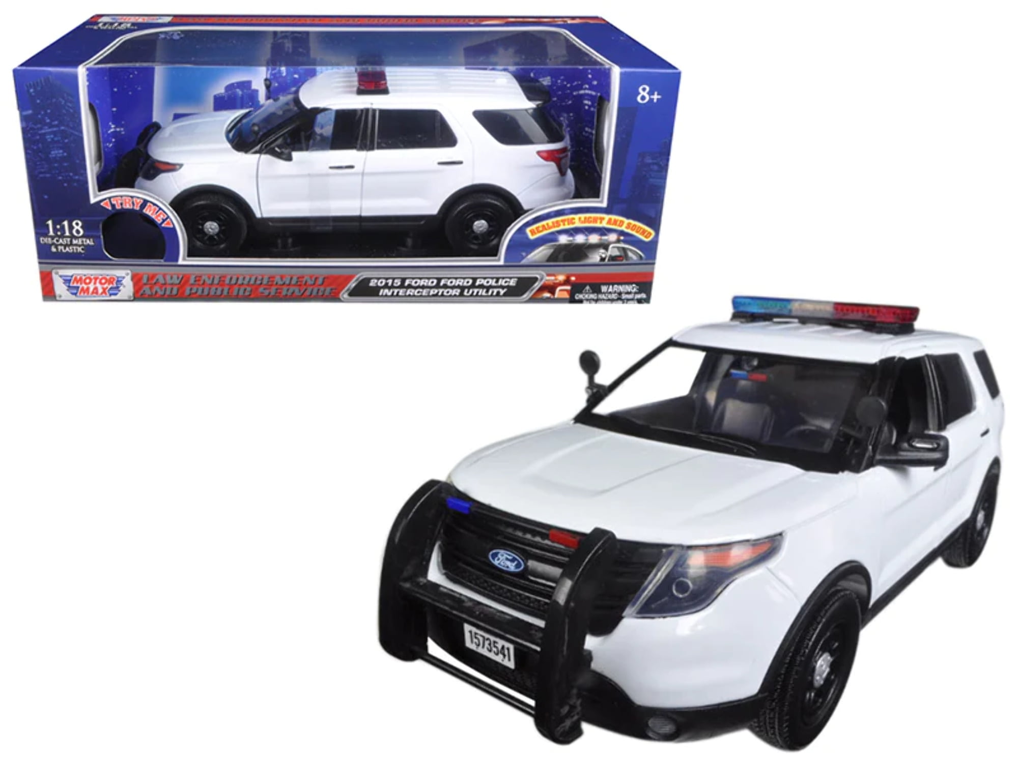 73995 1-18 2015 Ford Police Interceptor Utility Diecast Model Car With Front & Rear Lights & 2 Sounds - White