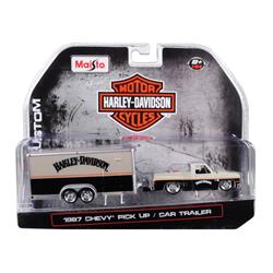 Maisto 15363-hd2 1987 Chevrolet Pickup Truck With Enclosed Cars Trailer Pearl Beige, Silver & Black Harley Davidson 1 By 64 Die-cast Model Cars